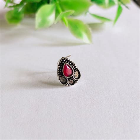 Kali Red Stone Oxidised Silver Piercing Nose Pin – Preyasi