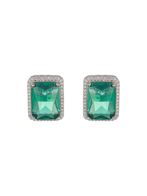 Priyaasi Green Block American Diamond Silver-Plated Stud Earrings