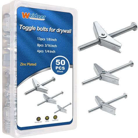 weideer 50Pcs Toggle Bolts Wall Anchors for Drywall 1/8in 3/16in 1/4in ...