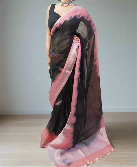 Black Tie & Dye Pure Linen Saree | Peepal Clothing