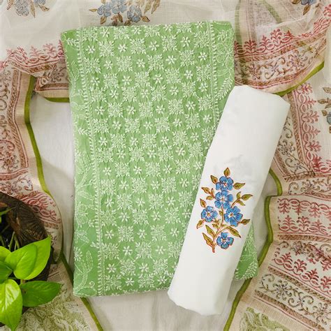 NISHKA-Pure Cotton Green With White Chickan Kari Top And White And Flo ...