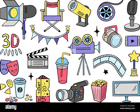 Movie icons. Doodle style cinema symbols, film tape, cameras ...