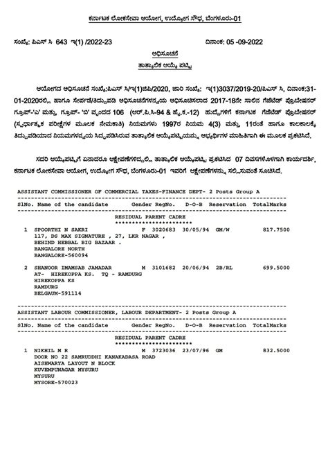 KPSC:Provisional Select list for the posts of Gazetted Probationers ...