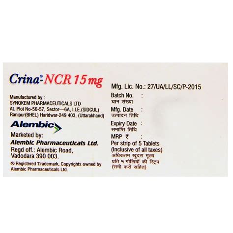 Crina-NCR 15 mg Tablet 5's Price, Uses, Side Effects, Composition ...