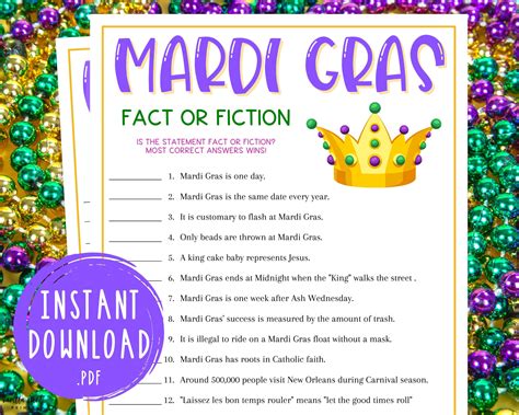 Mardi Gras Fact or Fiction Trivia Game Fat Tuesday Party Games Carnival ...