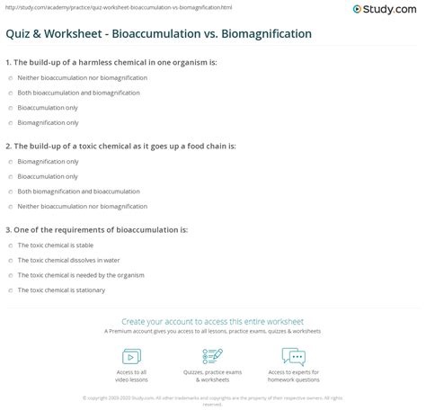 Quiz & Worksheet - Bioaccumulation vs. Biomagnification | Study.com