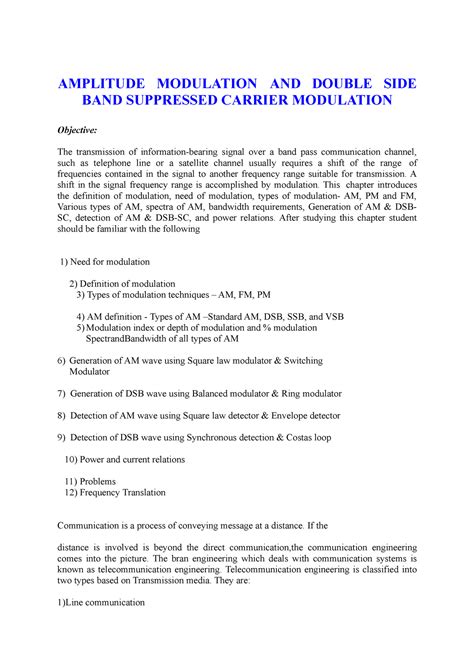 AMPLITUDE MODULATION AND DOUBLE SIDE BAND SUPPRESSED CARRIER MODULATION ...
