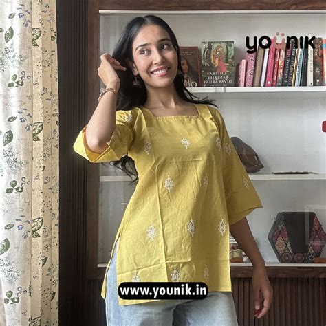 Lemon Yellow Square Neck Embroidered Pure Cotton Short Kurti – YOUNIK