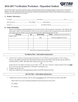 Fillable Online etbu Verification Worksheet - East Texas Baptist ...