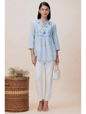 Buy Barara Ethnic Blue Embroidered Frost Mandarin Collared Tunic (XS ...