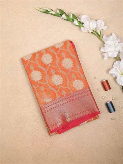 Orange Art Silk Saree with Vines Floral Design on the Body with Zari ...