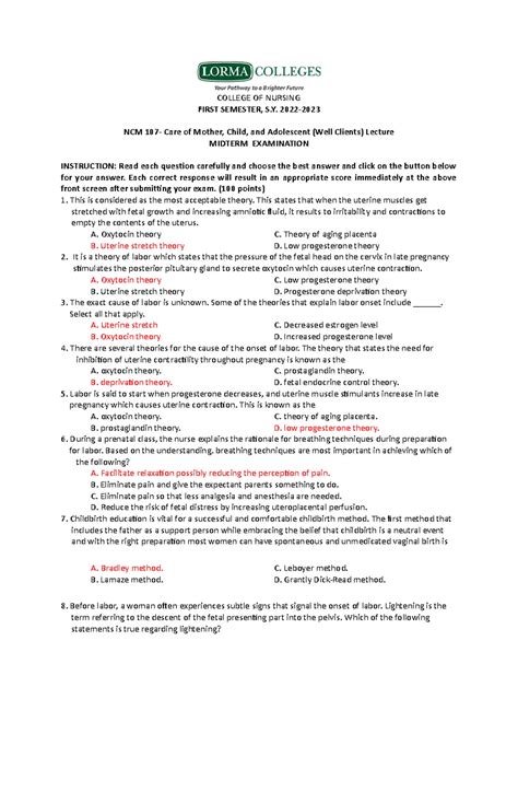 NCM 107 lec Midterm exam with answers - COLLEGE OF NURSING FIRST SEMESTER, S. 2022- NCM 107 ...