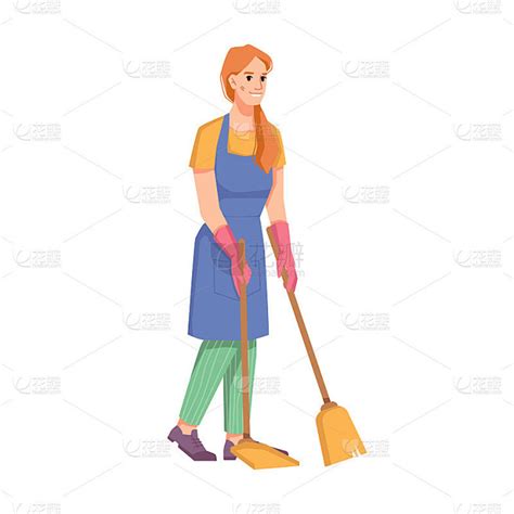 清洁工，拿扫帚的女人，穿制服的扫地女人。为家庭或办公室、酒店房间或客房提供清洁服务。孤立的人或女仆卡