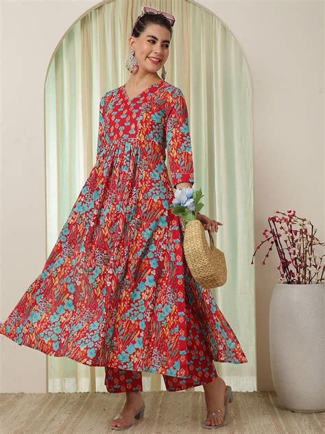 Pink Cotton Calf Length Printed V-Neck Semi-Flared Kurta Palazzo Set ...