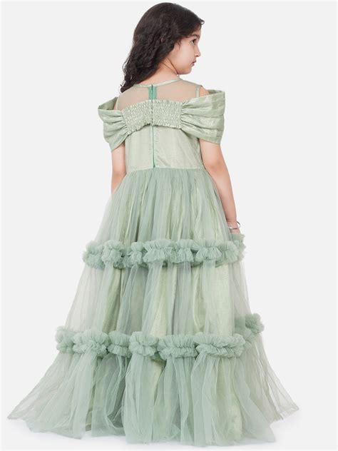 Shop Bitiya By Bhama Girls Green Embellished Net Fit & Flare Dress Online