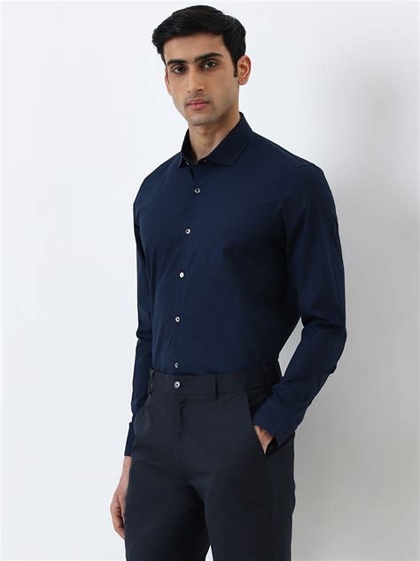 Buy WES Formals Navy Solid Ultra Slim-Fit Cotton Blend Shirt from Westside