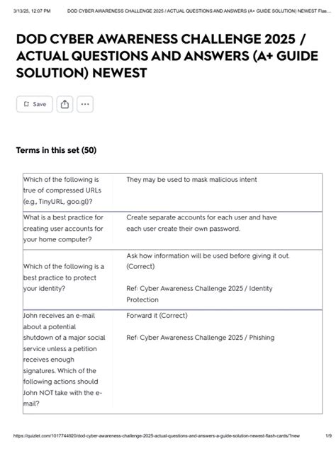 DOD CYBER AWARENESS CHALLENGE 2025 / ACTUAL QUESTIONS AND ANSWERS (A+ ...