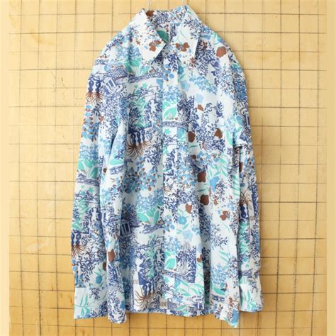 70s 80s USA 総柄 シャツ ホワイト メンズL相当 長袖 アメリカ古着 050824ss36 | 古着屋ataco garage