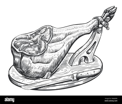 Spanish jamon on a wooden stand and knife. Dry ham, meat food sketch ...