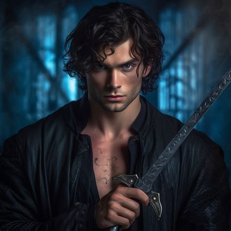 muscular handsome young guy, hairy chest, dark short hair, blue eyes ...