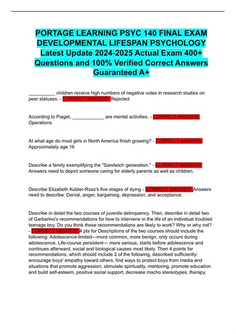 PORTAGE LEARNING PSYC 140 FINAL EXAM DEVELOPMENTAL LIFESPAN PSYCHOLOGY ...