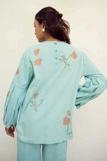 Buy Blue Cotton Embroidery Round Neck Floral Hand Top For Women by ...