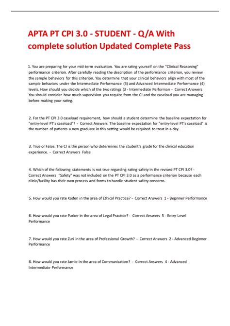 APTA PT CPI 3.0 - STUDENT - Q/A With complete solution Updated Complete ...