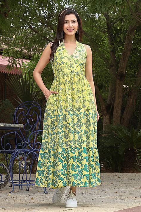 Dharan Gulmohar Yellow Pure Cotton Block Printed Dress For Women Online ...