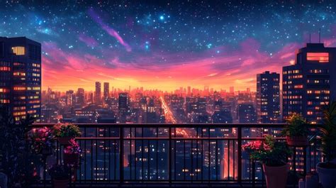 Cityscape night view from balcony starry sunset over urban skyline ...