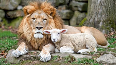 AI generated Lion and lamb coexisting harmoniously, showcasing peaceful ...