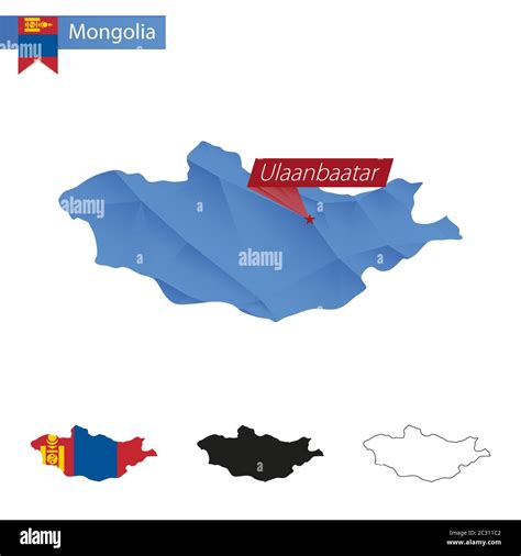 Mongolia blue Low Poly map with capital Ulaanbaatar, four versions of map. Vector Illustration ...