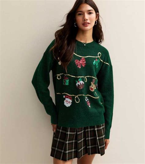 Green Sequin Motif Christmas Jumper | New Look