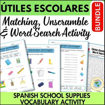BUNDLE Spanish School Supplies Vocabulary Word Search Matching Unscramble