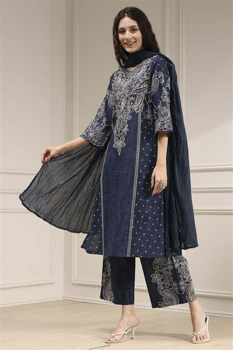 Buy Blue Pure Cotton Printed Straight Suit Set Online at Biba India