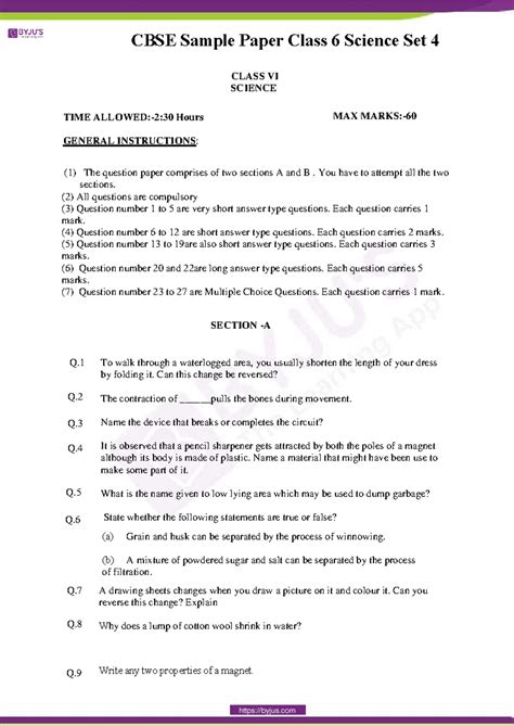 CBSE Sample Paper Class 6 Science Set 4 - CLASS VI SCIENCE TIME ALLOWED ...