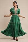 Buy Green Viscose Embroidery V-neck Floral Puff Sleeve Dress For Women ...