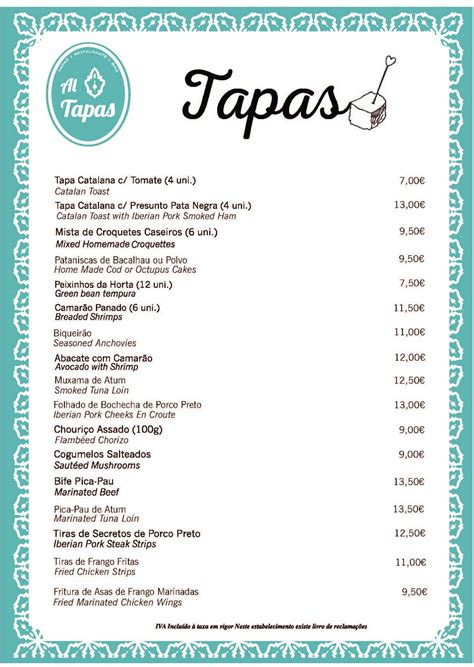 Menu at Al Tapas restaurant, Alvor