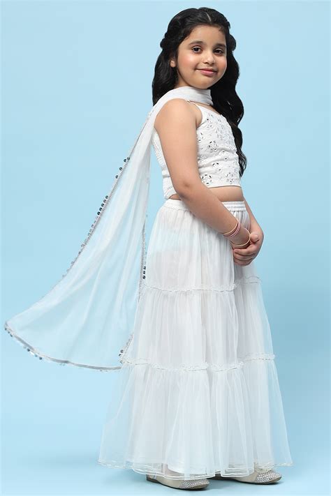 Buy White Poly Chanderi Mirror Work Tiered Lehenga Set Online at Biba India