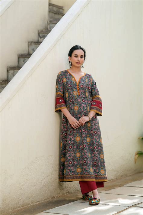 Olive Green A-Line Kurta In Handblock Cotton | Cotras