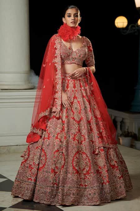 Buy Red Raw Silk V Neck Anahita Embroidered Bridal Lehenga Set For ...