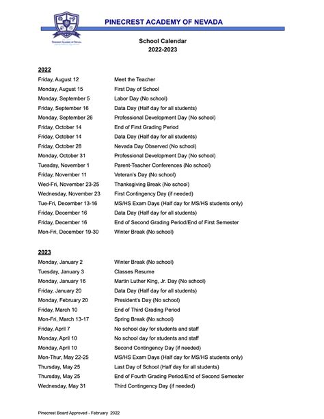 Pinecrest Horizon Calendar