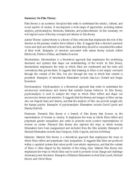 Summary On Film Theory - Summary On Film Theory: Film theory is an ...