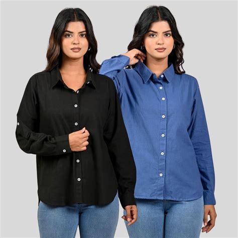 Women Black And Teal Blue Solid Airy Linen Cotton Shirts Combo – QuaClo