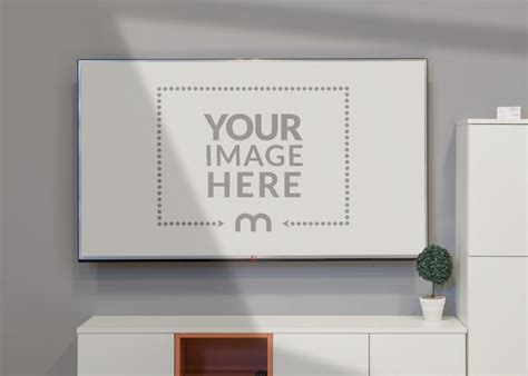 Hanging TV Screen Mockup with Modern White Furniture - Mediamodifier