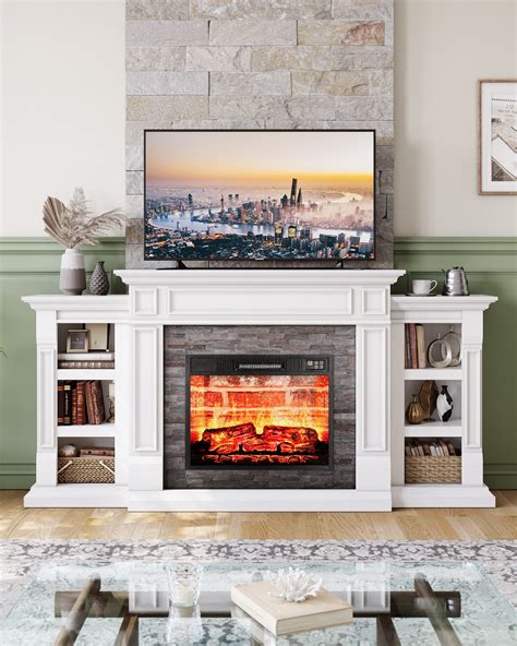 70" White Fireplace Mantel with 23" Electric Fireplace and Bookshelves ...