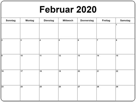 Resultado de imagen de kalender februar 2020 mit feiertagen
