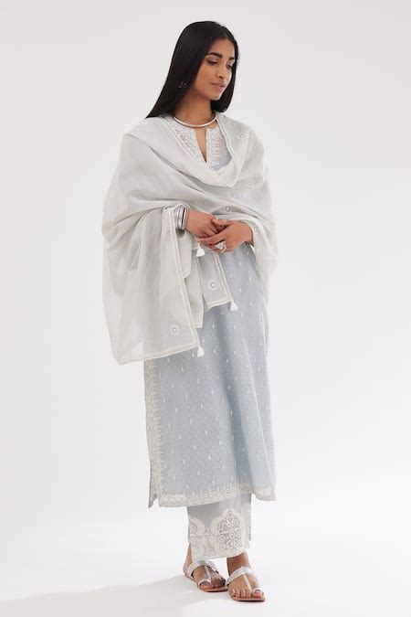 Buy Blue Cotton, Chanderi Sequins, Embroidery Round Neck Printed ...