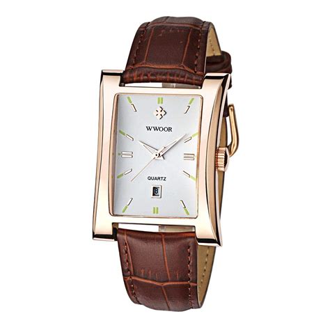 Mens Watches White Dial Gold Rectangle Watches for Men Brown Luxury ...