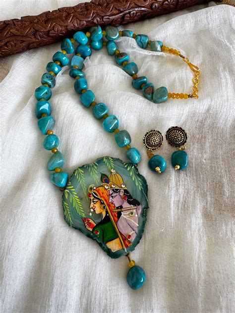 Hand painted radhe-krishna sliced agate pendant with sea green onyx be ...
