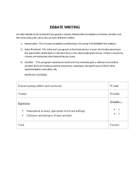 DEBATE WRITING NOTES: Structure & Marking Scheme Guide - Studocu